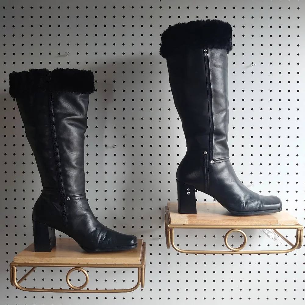 Westies Chunky Heel Block Leather, Fur And Rivet Rhinestone Winter Boots Black - Picture 1 of 14